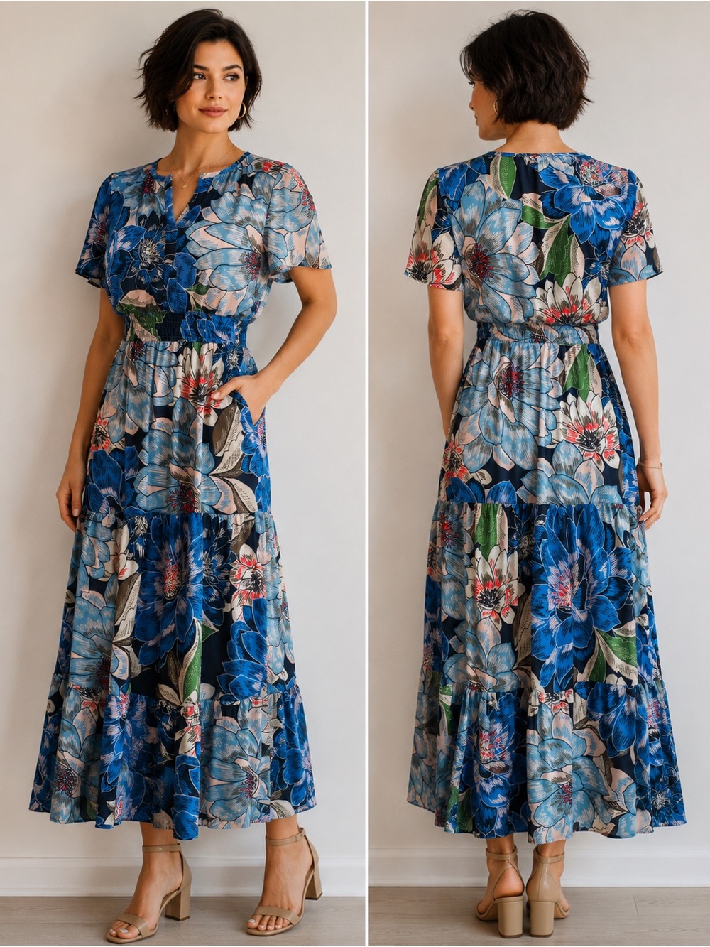 Nicole Miller NY Blue Floral Tiered Maxi Dress Size XS